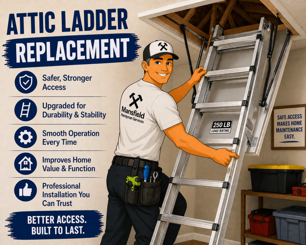 Attic ladder replacement service in Mansfield TX installing new aluminum attic ladder