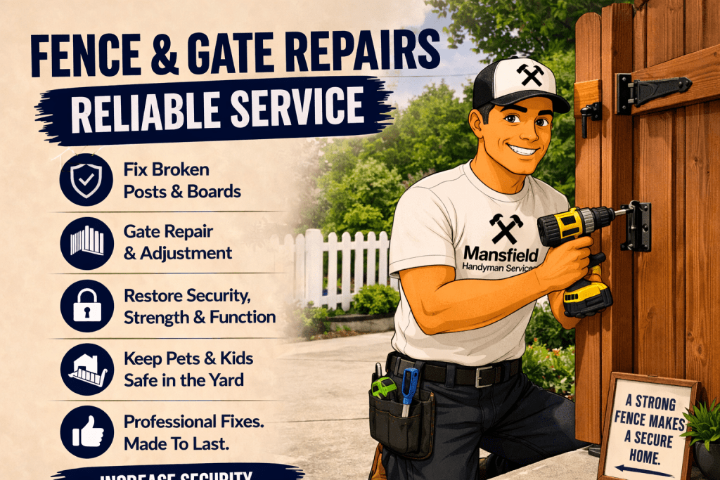 Fence and gate repair service in Mansfield TX fixing damaged wooden gate and hardware