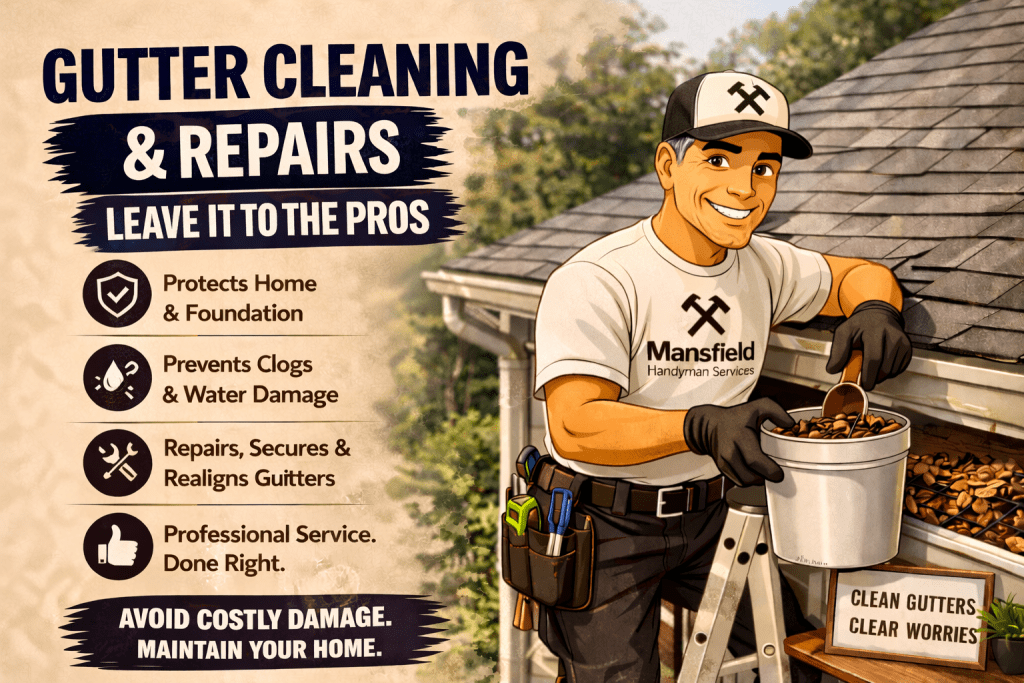 Gutter cleaning and repair service in Mansfield TX removing debris and fixing gutters