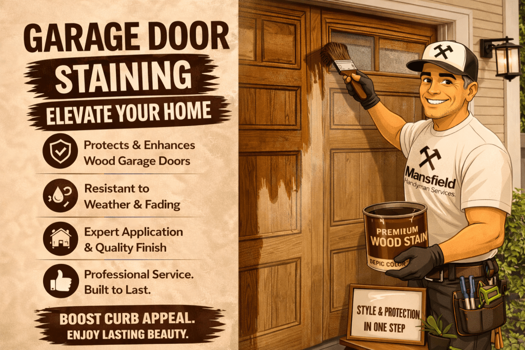 Garage door staining service in Mansfield TX restoring and protecting wood garage door