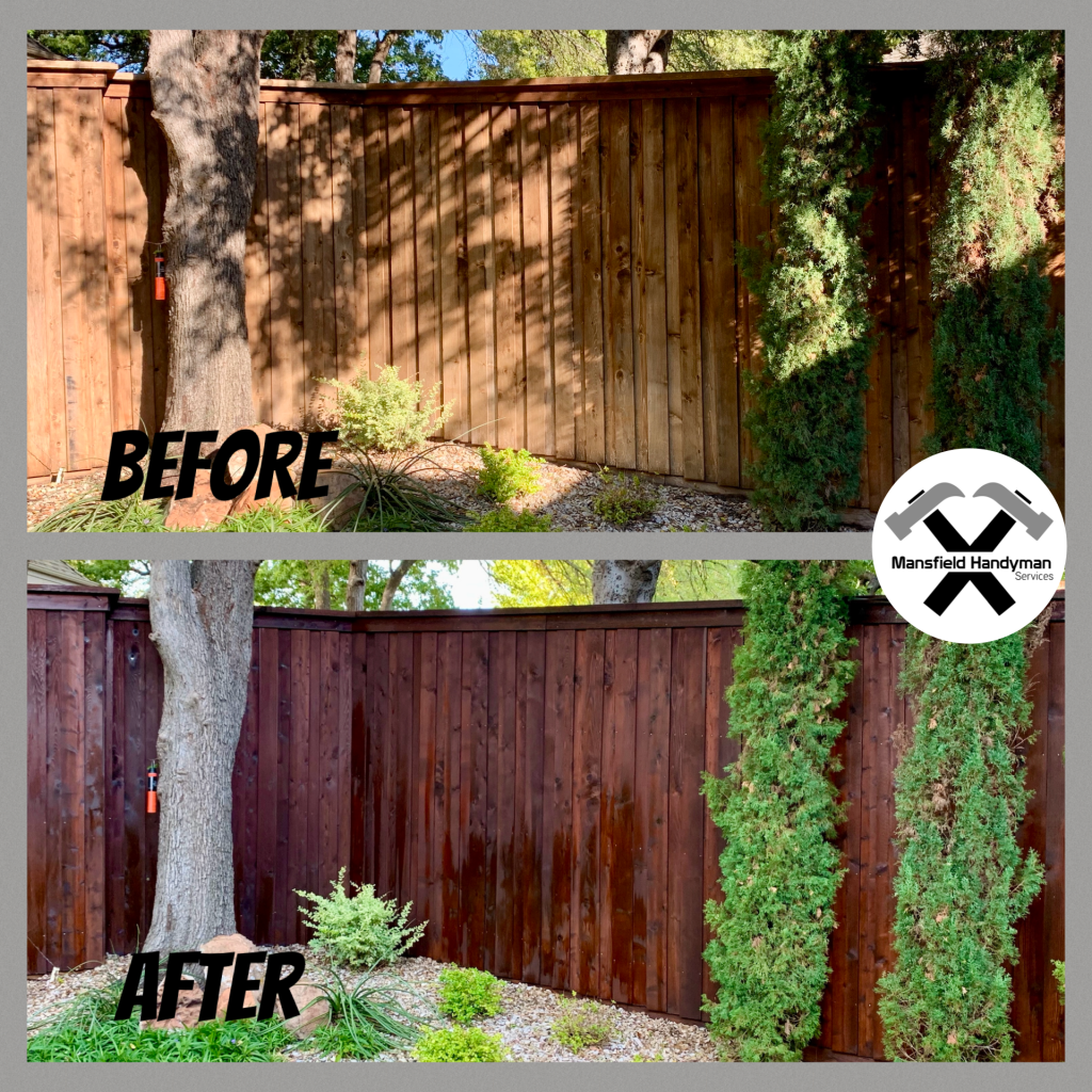 Before and after fence staining showing faded wood restored with rich protective stain