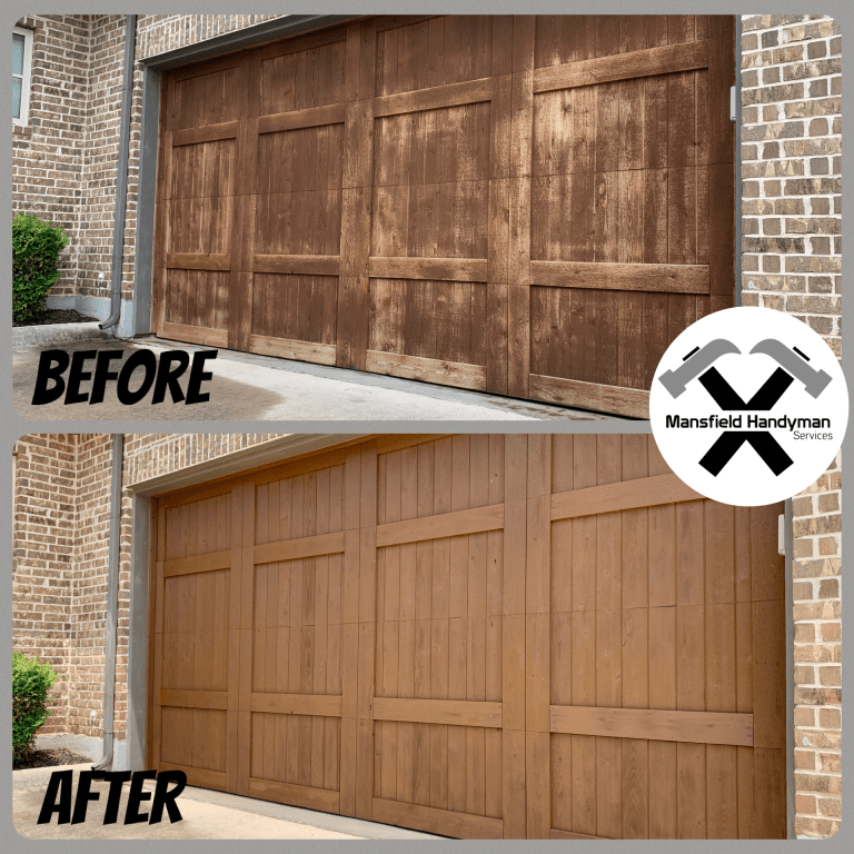 Before and after of garage door re-staining
