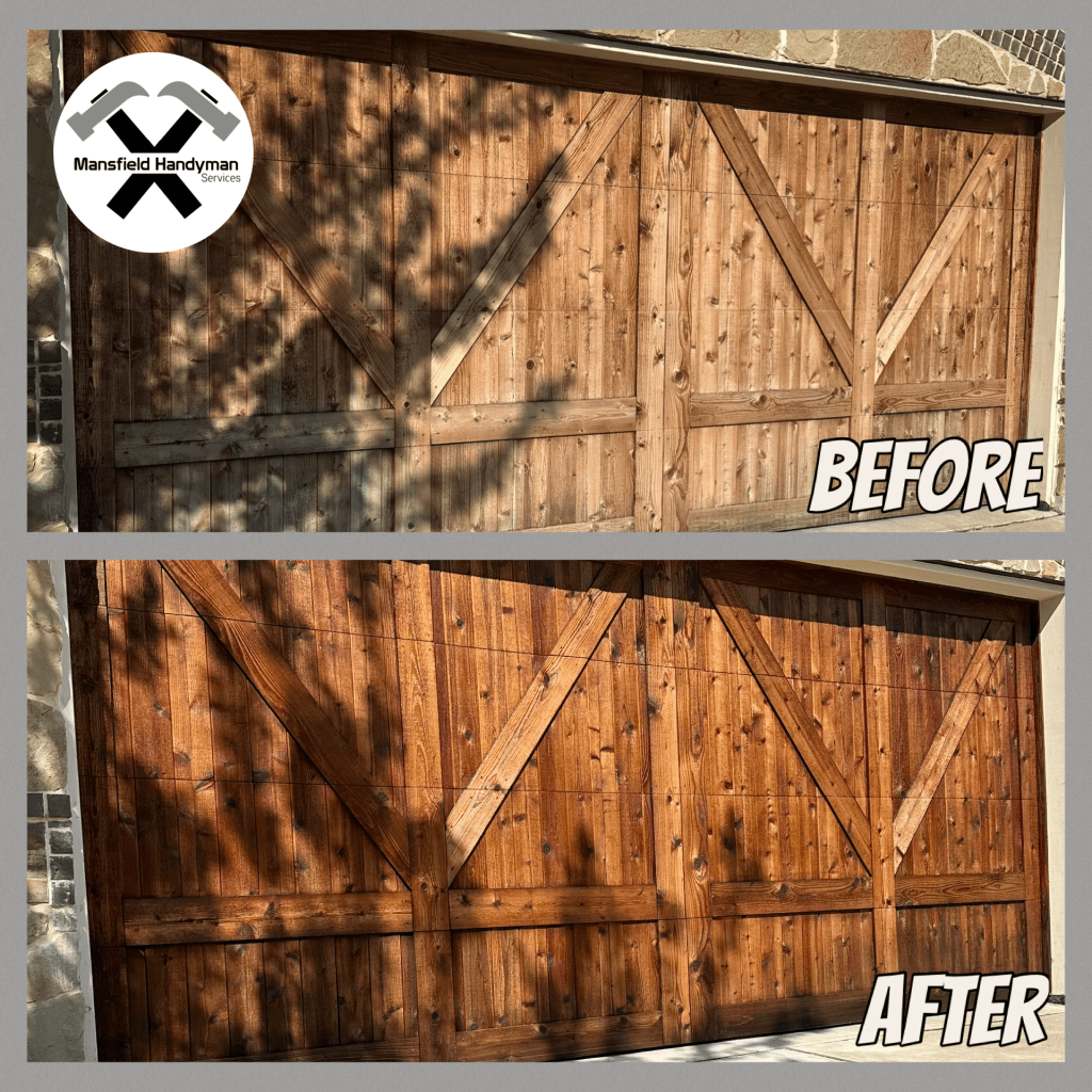 Before and after garage door staining showing faded wood restored with rich protective finish
