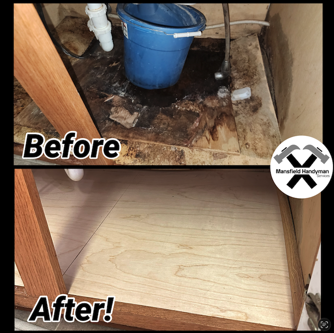 Before and after kitchen cabinet bottom repair by Mansfield Handyman Service